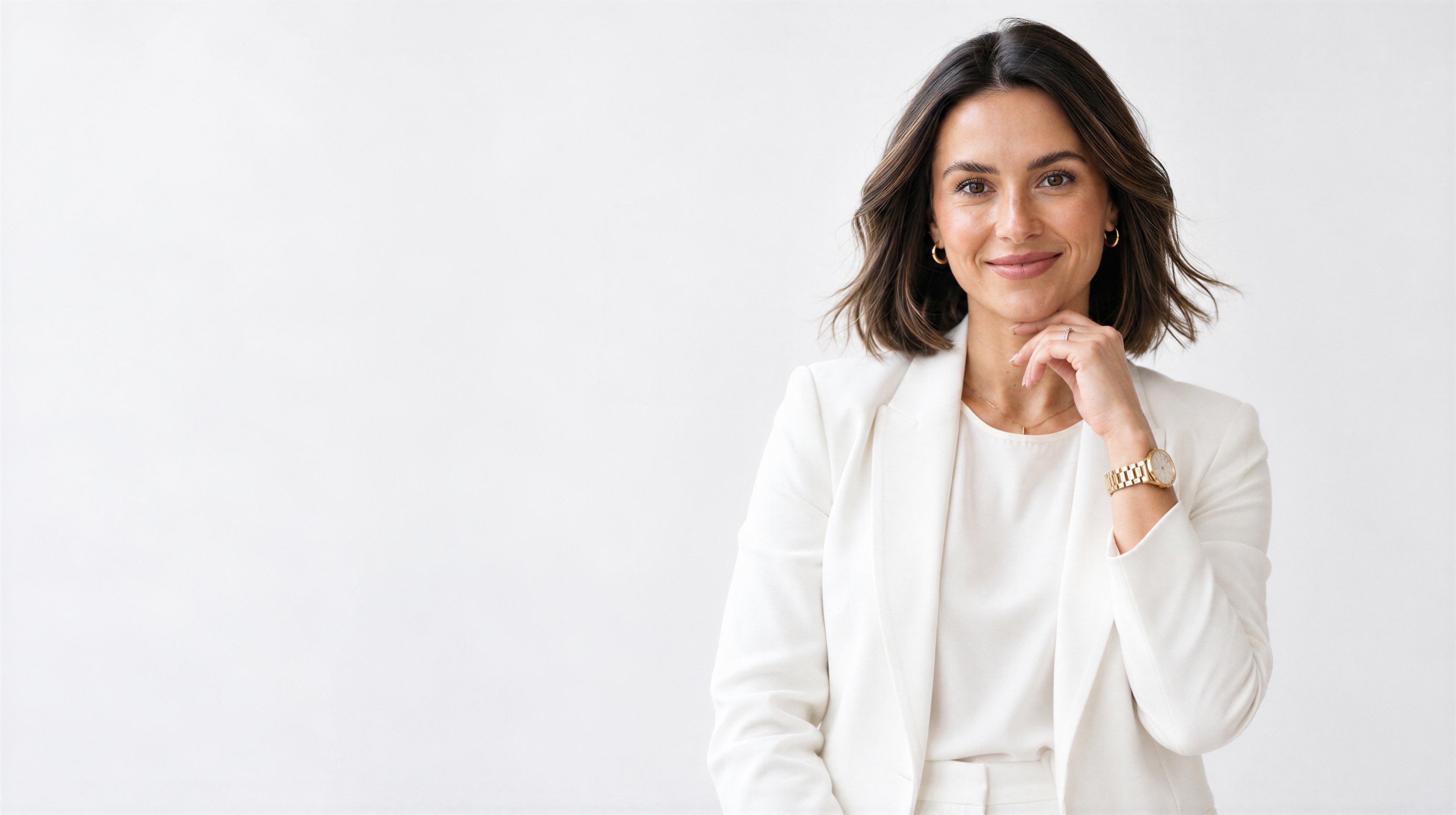 Retrato de mulher com blazer branco e mão apoiada no queixo, sobre fundo claro